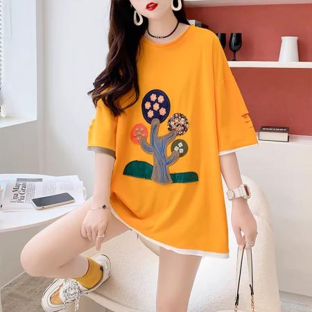 BY10355# 棉重工刺绣新款短袖t恤女大码女装胖mm上衣服 服裝批發女裝批發服飾貨源