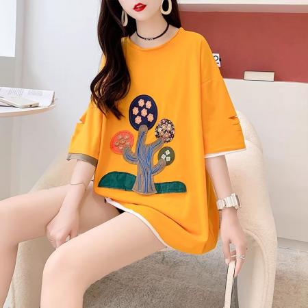 BY10355# 棉重工刺绣新款短袖t恤女大码女装胖mm上衣服 服裝批發女裝批發服飾貨源