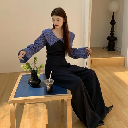 BY10357# 大码女装春季套装格子拼接显瘦两件套大码时尚套装 服裝批發女裝批發服飾貨源