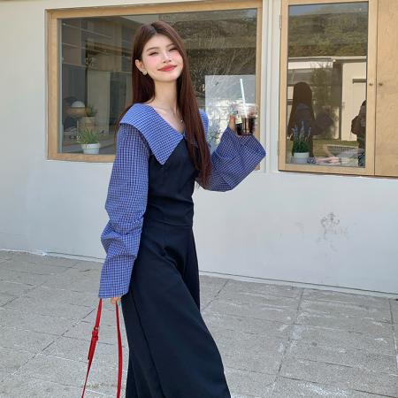 BY10357# 大码女装春季套装格子拼接显瘦两件套大码时尚套装 服裝批發女裝批發服飾貨源