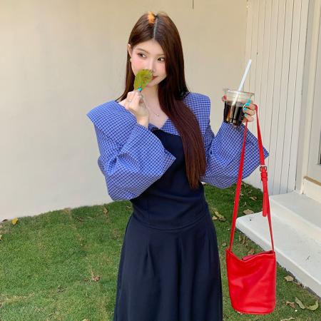 BY10357# 大码女装春季套装格子拼接显瘦两件套大码时尚套装 服裝批發女裝批發服飾貨源