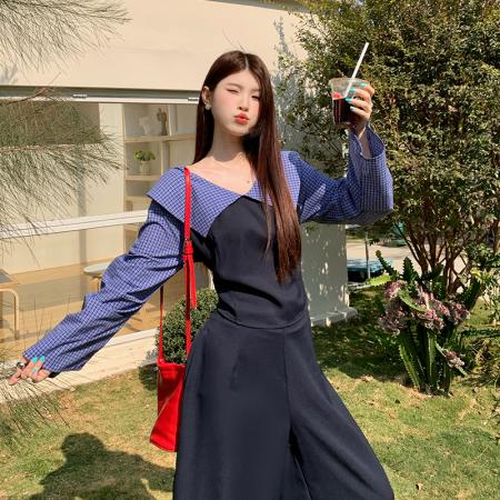 BY10357# 大码女装春季套装格子拼接显瘦两件套大码时尚套装 服裝批發女裝批發服飾貨源