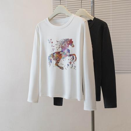 BY10358# 大码圆领长袖T恤女春季新款马年限定修身显瘦内搭上衣 服裝批發女裝批發服飾貨源