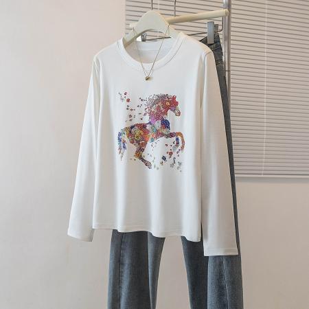 BY10358# 大码圆领长袖T恤女春季新款马年限定修身显瘦内搭上衣 服裝批發女裝批發服飾貨源