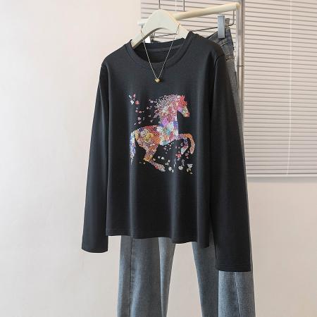 BY10358# 大码圆领长袖T恤女春季新款马年限定修身显瘦内搭上衣 服裝批發女裝批發服飾貨源