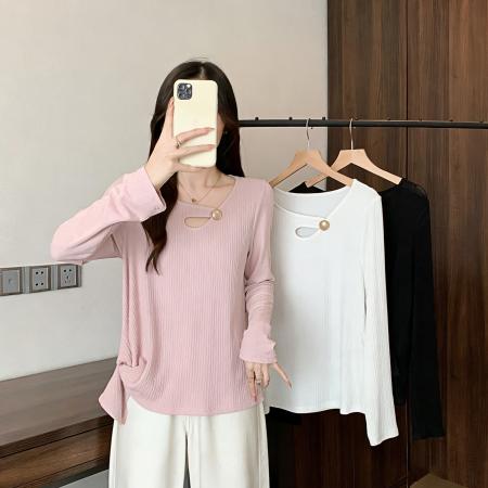 BY10360# 春装新款胖mm大码镂空设计感正肩长袖T恤不规则打底上衣 服裝批發女裝批發服飾貨源