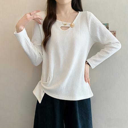 BY10360# 春装新款胖mm大码镂空设计感正肩长袖T恤不规则打底上衣 服裝批發女裝批發服飾貨源