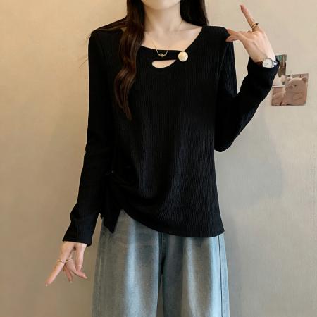 BY10360# 春装新款胖mm大码镂空设计感正肩长袖T恤不规则打底上衣 服裝批發女裝批發服飾貨源