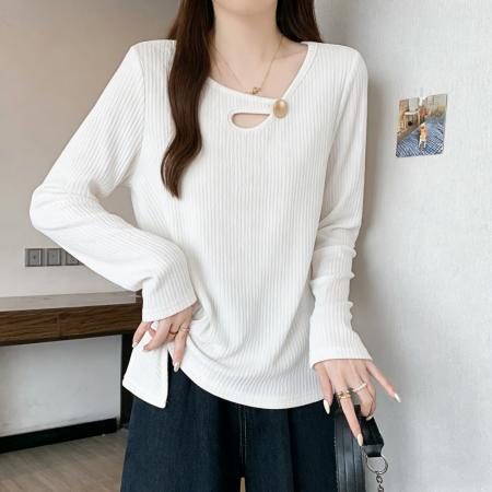 BY10360# 春装新款胖mm大码镂空设计感正肩长袖T恤不规则打底上衣 服裝批發女裝批發服飾貨源