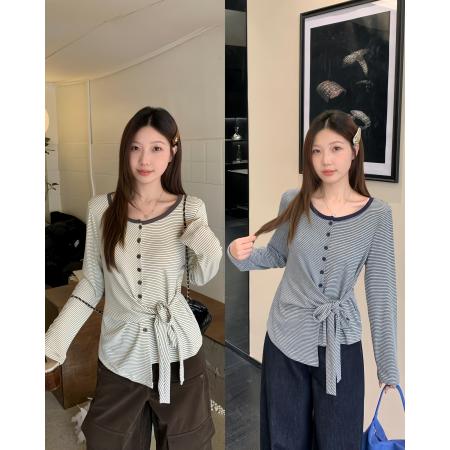 BY10361# 春季新款胖mm大码女不规则收腰长袖T恤条纹圆领打底上衣 服裝批發女裝批發服飾貨源
