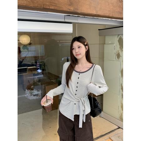 BY10361# 春季新款胖mm大码女不规则收腰长袖T恤条纹圆领打底上衣 服裝批發女裝批發服飾貨源