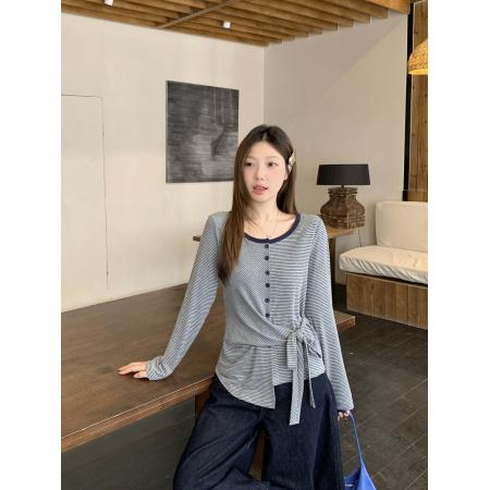BY10361# 春季新款胖mm大码女不规则收腰长袖T恤条纹圆领打底上衣 服裝批發女裝批發服飾貨源