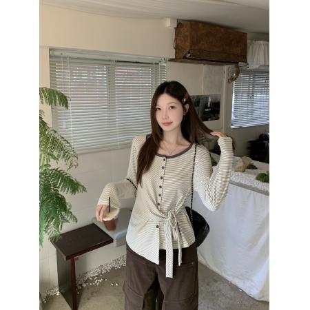 BY10361# 春季新款胖mm大码女不规则收腰长袖T恤条纹圆领打底上衣 服裝批發女裝批發服飾貨源
