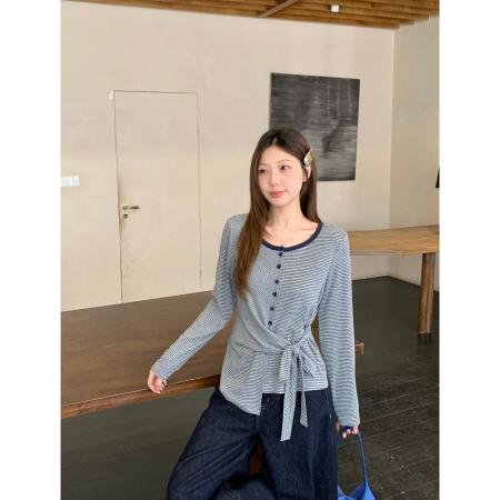 BY10361# 春季新款胖mm大码女不规则收腰长袖T恤条纹圆领打底上衣 服裝批發女裝批發服飾貨源