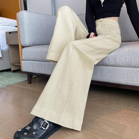 BY10362# 奶杏色阔腿微喇牛仔裤女春季超火弹力港风拖地马蹄喇叭裤子 服裝批發女裝批發服飾貨源