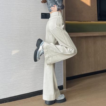 BY10362# 奶杏色阔腿微喇牛仔裤女春季超火弹力港风拖地马蹄喇叭裤子 服裝批發女裝批發服飾貨源