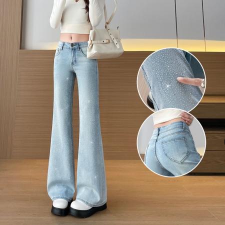 BY10363# 烫钻微喇叭牛仔裤女春秋季新款高腰修身显瘦小个子弹力美式喇叭裤 服裝批發女裝批發服飾貨源