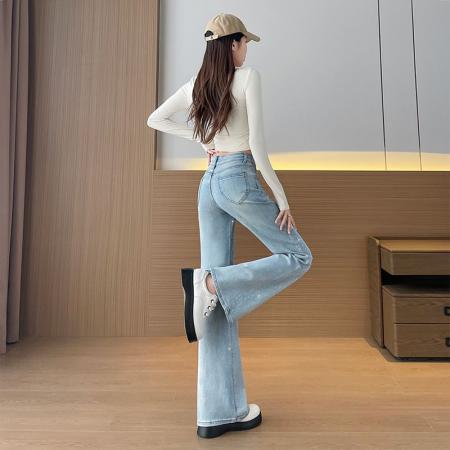 BY10363# 烫钻微喇叭牛仔裤女春秋季新款高腰修身显瘦小个子弹力美式喇叭裤 服裝批發女裝批發服飾貨源