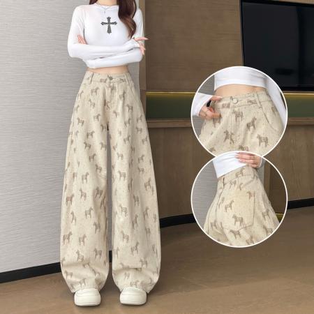 BY10364# 卡其色小马印花高腰阔腿牛仔裤女春新款今年流行超火直筒裤子 服裝批發女裝批發服飾貨源