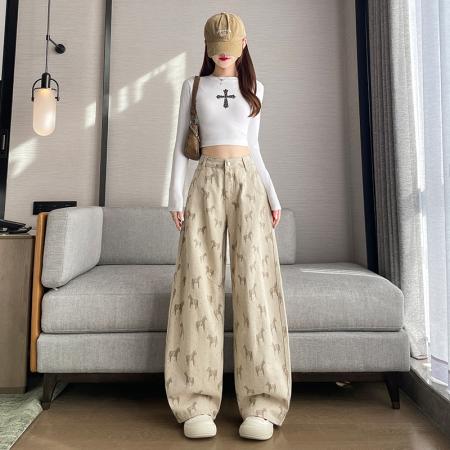 BY10364# 卡其色小马印花高腰阔腿牛仔裤女春新款今年流行超火直筒裤子 服裝批發女裝批發服飾貨源