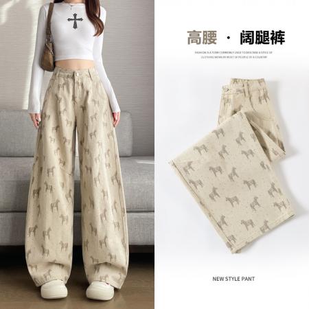 BY10364# 卡其色小马印花高腰阔腿牛仔裤女春新款今年流行超火直筒裤子 服裝批發女裝批發服飾貨源
