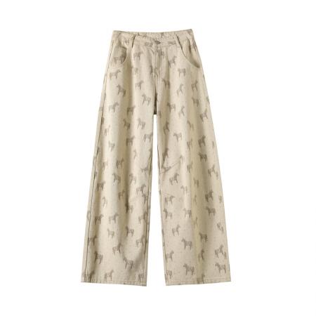 BY10364# 卡其色小马印花高腰阔腿牛仔裤女春新款今年流行超火直筒裤子 服裝批發女裝批發服飾貨源