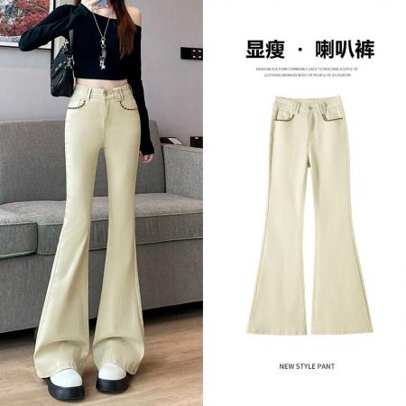 BY10365# 浅卡其色微喇牛仔裤女士春季新款设计感弹力提臀马蹄裤子潮 服裝批發女裝批發服飾貨源