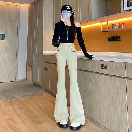 BY10365# 浅卡其色微喇牛仔裤女士春季新款设计感弹力提臀马蹄裤子潮 服裝批發女裝批發服飾貨源