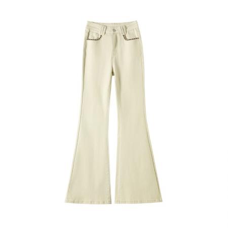 BY10365# 浅卡其色微喇牛仔裤女士春季新款设计感弹力提臀马蹄裤子潮 服裝批發女裝批發服飾貨源