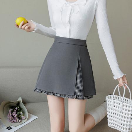 BY10367# 春夏新款不规则A字裙荷叶边防走光格子短裙韩版假两件半身裙 服裝批發女裝批發服飾貨源