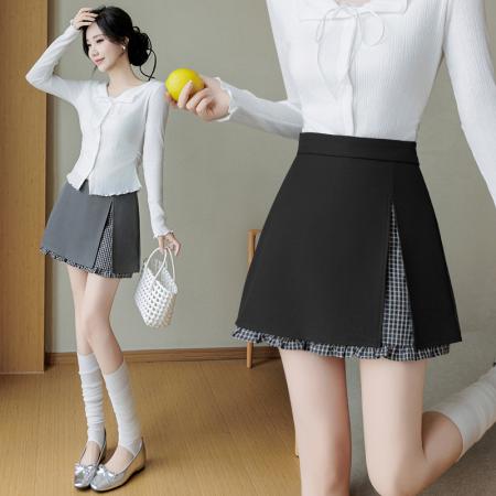 BY10367# 春夏新款不规则A字裙荷叶边防走光格子短裙韩版假两件半身裙 服裝批發女裝批發服飾貨源