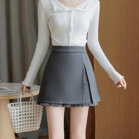 BY10367# 春夏新款不规则A字裙荷叶边防走光格子短裙韩版假两件半身裙 服裝批發女裝批發服飾貨源