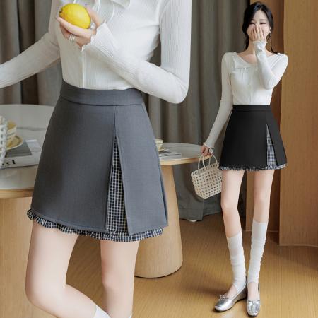 BY10367# 春夏新款不规则A字裙荷叶边防走光格子短裙韩版假两件半身裙 服裝批發女裝批發服飾貨源