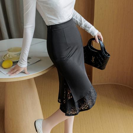 BY10368# 蕾丝拼接弹力半身裙女春夏新款OL职业裙不规则鱼尾包臀裙子潮 服裝批發女裝批發服飾貨源