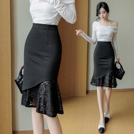 BY10368# 蕾丝拼接弹力半身裙女春夏新款OL职业裙不规则鱼尾包臀裙子潮 服裝批發女裝批發服飾貨源