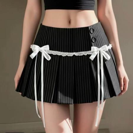 BY10373# 休闲辣妹条纹西装百褶裙女春秋复古性感低腰显瘦半身迷你短裙 服裝批發女裝批發服飾貨源