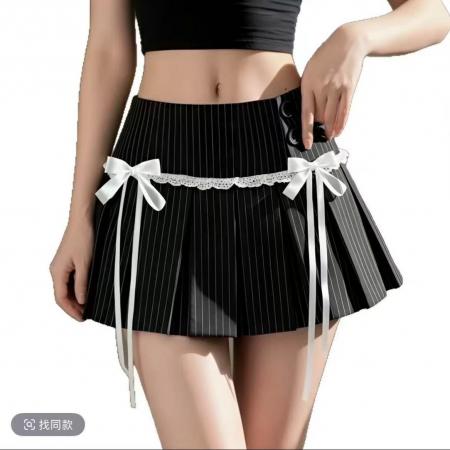 BY10373# 休闲辣妹条纹西装百褶裙女春秋复古性感低腰显瘦半身迷你短裙 服裝批發女裝批發服飾貨源