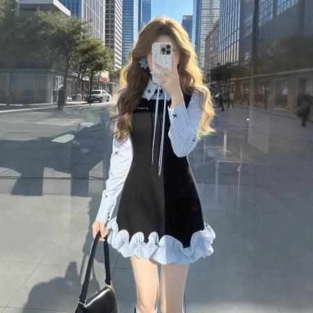 BY10374# 学院风气质绝美假两件衬衫连衣裙春季新款收腰花苞短裙子女装 服裝批發女裝批發服飾貨源