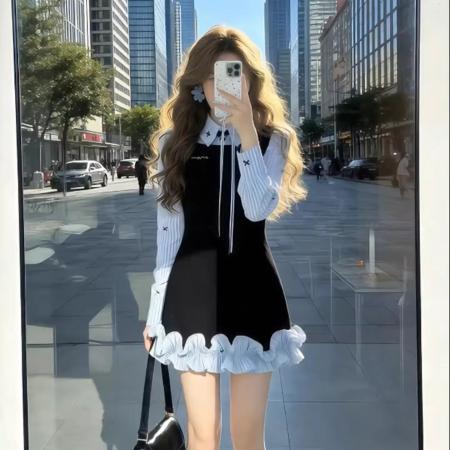 BY10374# 学院风气质绝美假两件衬衫连衣裙春季新款收腰花苞短裙子女装 服裝批發女裝批發服飾貨源