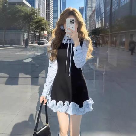 BY10374# 学院风气质绝美假两件衬衫连衣裙春季新款收腰花苞短裙子女装 服裝批發女裝批發服飾貨源