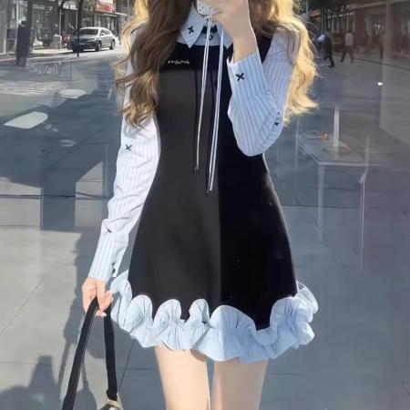 BY10374# 学院风气质绝美假两件衬衫连衣裙春季新款收腰花苞短裙子女装 服裝批發女裝批發服飾貨源