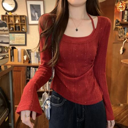 BY10377# 假两件挂脖针织打底衫女大码胖M显瘦遮肉设计感收腰内搭上衣 服裝批發女裝批發服飾貨源