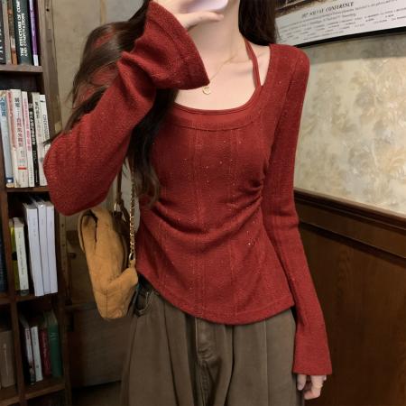 BY10377# 假两件挂脖针织打底衫女大码胖M显瘦遮肉设计感收腰内搭上衣 服裝批發女裝批發服飾貨源