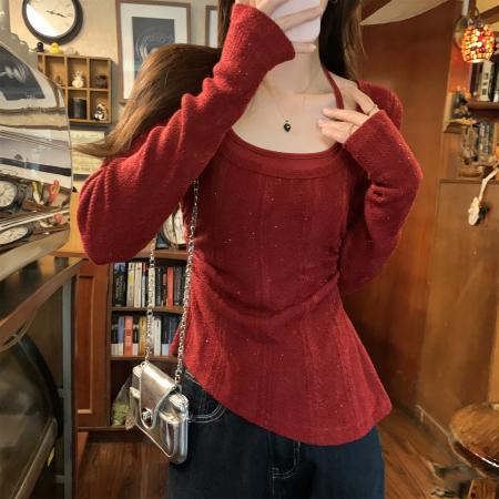 BY10377# 假两件挂脖针织打底衫女大码胖M显瘦遮肉设计感收腰内搭上衣 服裝批發女裝批發服飾貨源