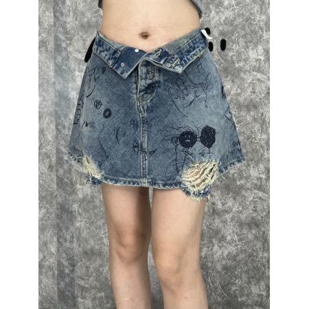 BY10378# 高腰牛仔短裙女夏a字半身裙小个子小众设计感涂鸦显瘦裙子牛仔裙 服裝批發女裝批發服飾貨源