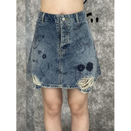 BY10378# 高腰牛仔短裙女夏a字半身裙小个子小众设计感涂鸦显瘦裙子牛仔裙 服裝批發女裝批發服飾貨源