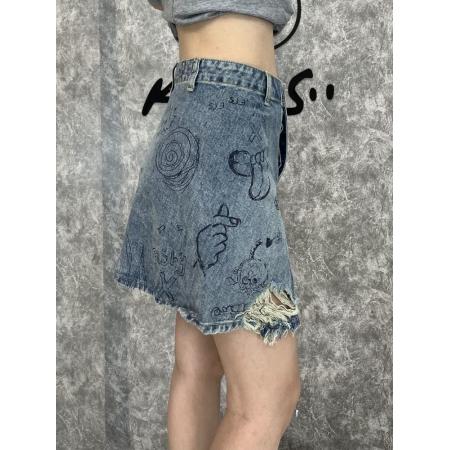 BY10378# 高腰牛仔短裙女夏a字半身裙小个子小众设计感涂鸦显瘦裙子牛仔裙 服裝批發女裝批發服飾貨源