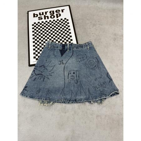 BY10378# 高腰牛仔短裙女夏a字半身裙小个子小众设计感涂鸦显瘦裙子牛仔裙 服裝批發女裝批發服飾貨源