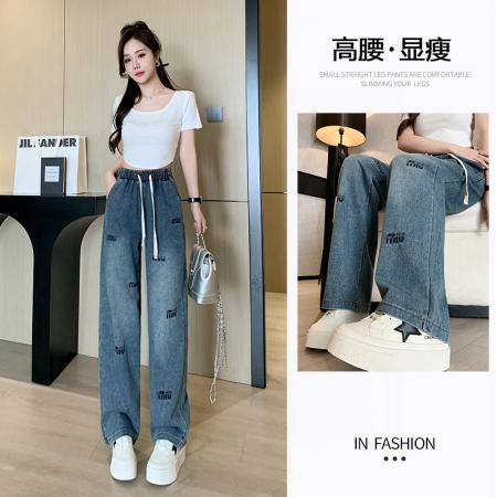 BY10379# 刺绣牛仔裤女夏款百搭时尚高腰显瘦休闲简约阔腿长裤 服裝批發女裝批發服飾貨源