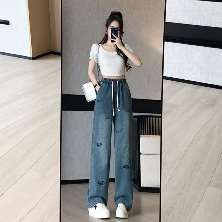 BY10379# 刺绣牛仔裤女夏款百搭时尚高腰显瘦休闲简约阔腿长裤 服裝批發女裝批發服飾貨源